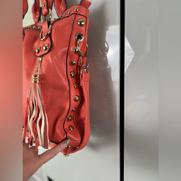 Coral Orange Vegan Leather Gold Studded Oversized Tote Bag With Adjustable Strap - Picture 13 of 16